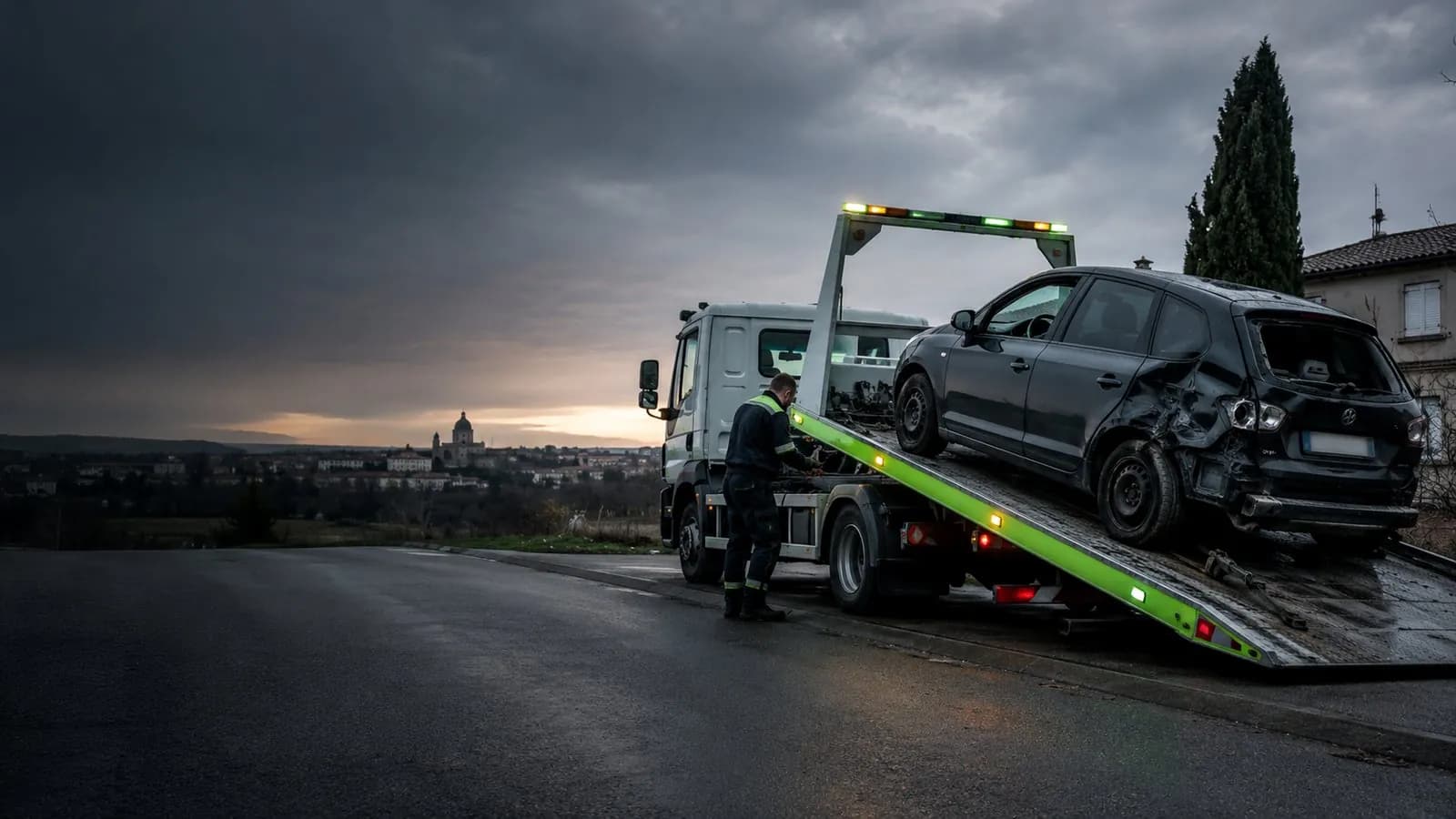 Dépanneuse Stop Auto chargeant une voiture accidentée sur son plateau